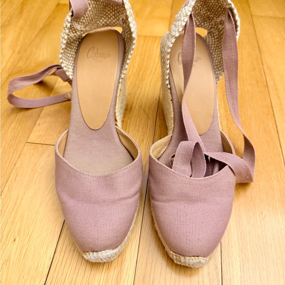 Castañer Tie-Ankle Espadrille Wedges in Dusty Rose